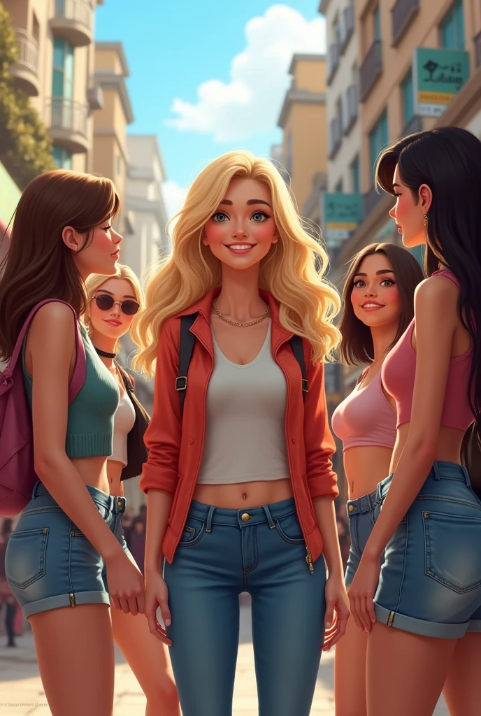 Make a blonde model, in a group of friends on the street