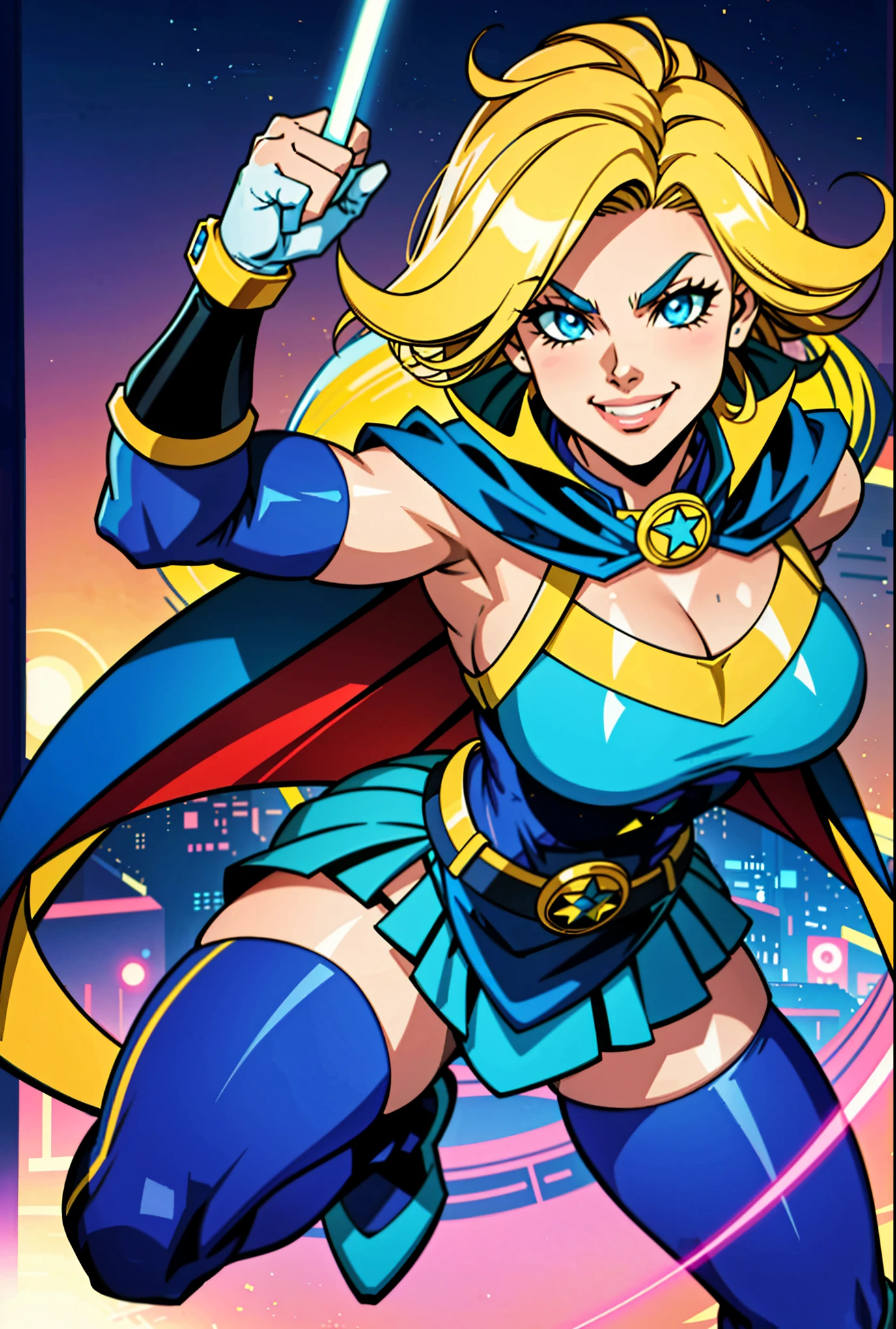 Digital painting of a woman with royal blue and yellow hair, super hero, muscle girl, pose, fist up, from above, 1knee up, Behance Contest Winner, Afrofuturism, Synthwave, neon, glowing neon, sagging massive breasts,cape,highschool skirt,((cute smile)),