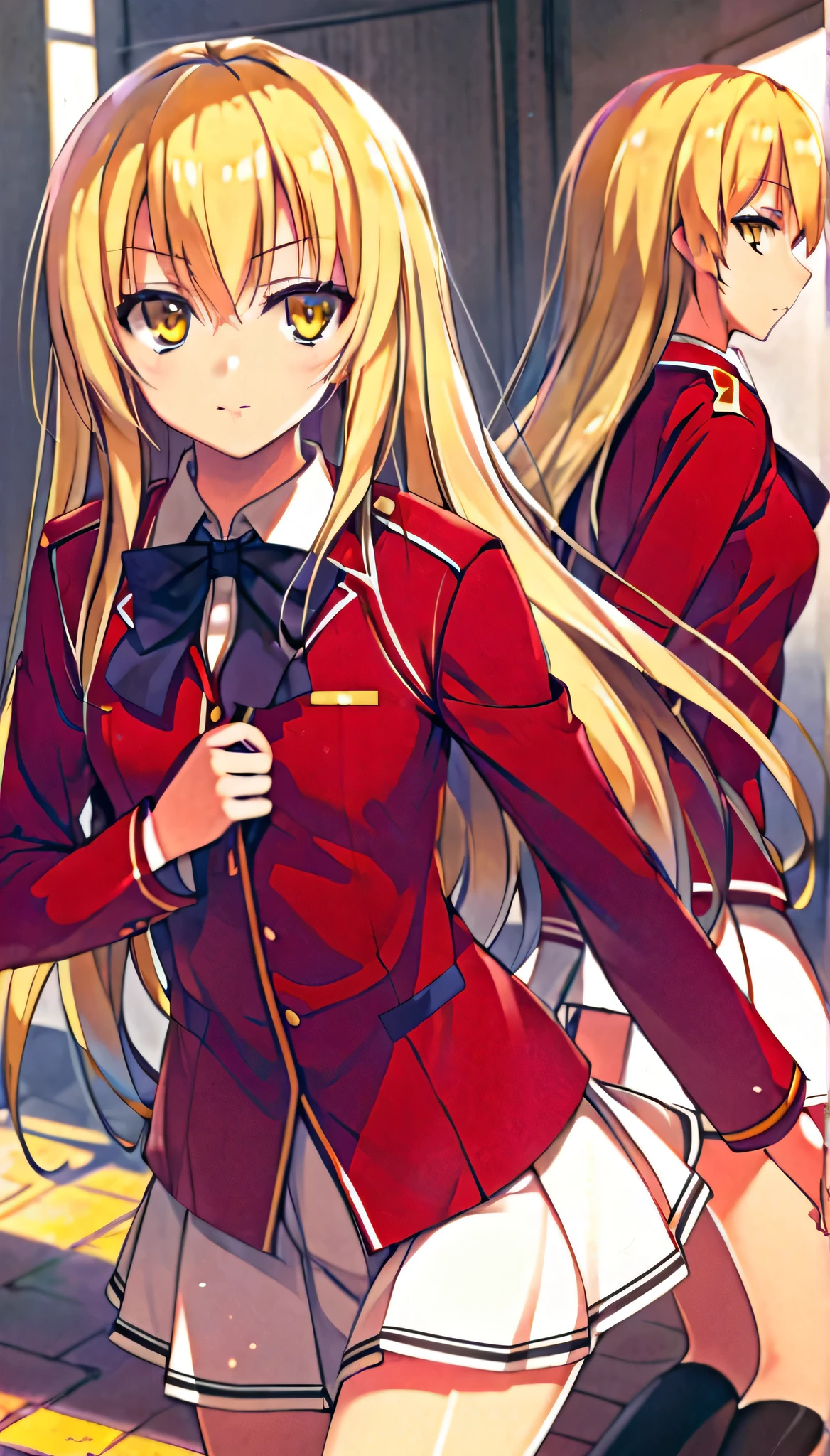 Beautiful and blond, yellow eyes, anhs red uniform 