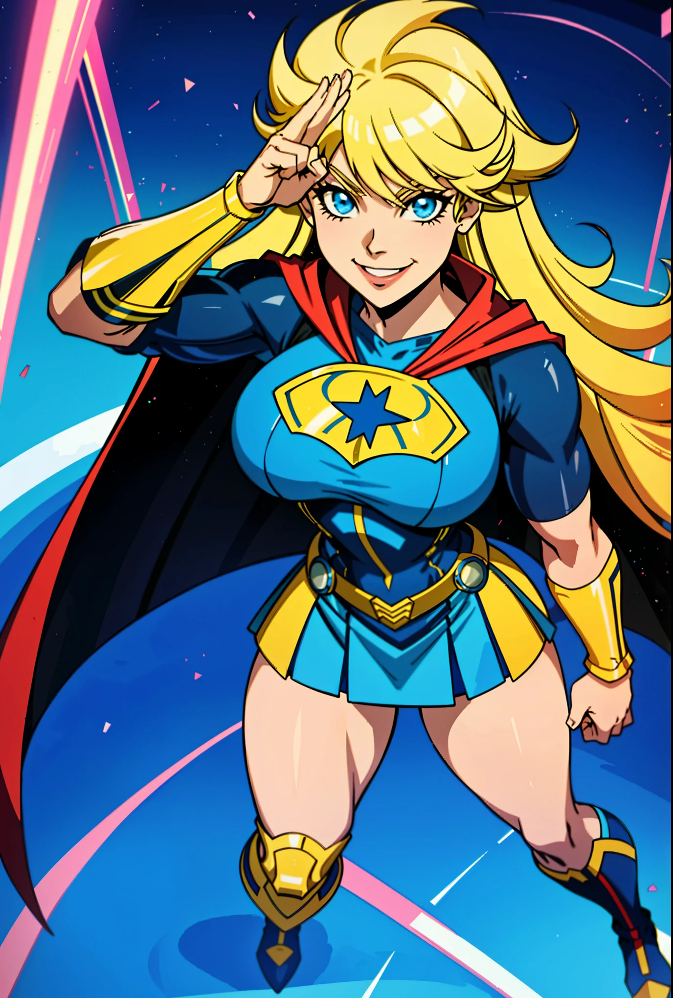 Digital painting of a woman with royal blue and yellow hair, super hero, muscle girl, pose, fist up, from above, 1knee up, Behance Contest Winner, Afrofuturism, Synthwave, neon, glowing neon, sagging massive breasts,cape,highschool skirt,((cute smile)),