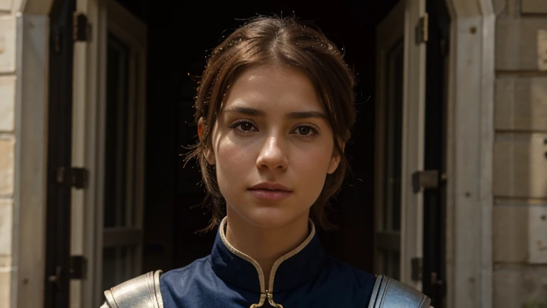 French troops at the gate, in command.
Expression is confident,17 year old Jeanne d'Arc,(BestQuality,4k,8K,HighResolution,Masterpiece:1.2),High Definition,(realistic,photo-realistic,photo-realistic:1.37),. Jeanne d'Arc,female knight,short brown hair,cinematography,vivid colors,left view,beautiful
