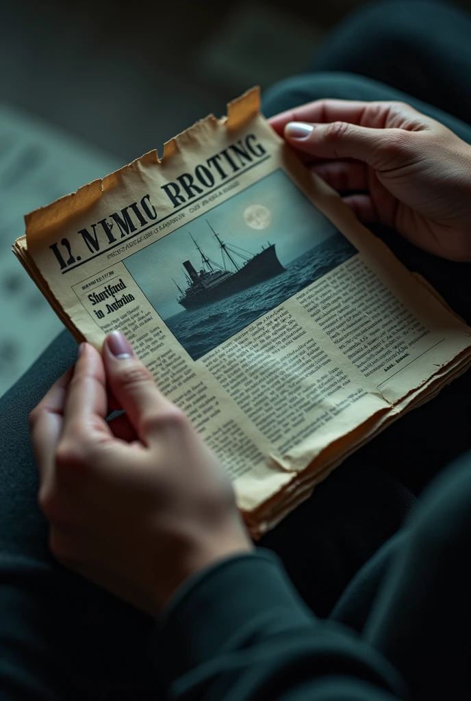 realistic, personality: [Create a dramatic close-up shot of a newspaper clipping showing a headline about the mysterious sightings of the Liu Bof Orlova over the years. The clipping's edges are frayed, and a pair of hands hold it, trembling slightly with excitement and fear as they read the surreal accounts of the ghost ship] unreal engine, hyper real --q 2 --v 5.2 --ar 
