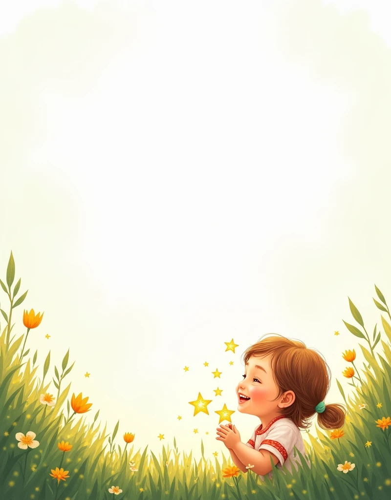 Large area of white space,The person in the picture is in the upper right corner,Triangle shape,Color lead illustrations, fairy tales, hand-painted, delicate, a holding the stars, happy and happy, the grass surrounds the girl, very warm and cute, white main color, warm, soft light, delicate, healing style, high definition