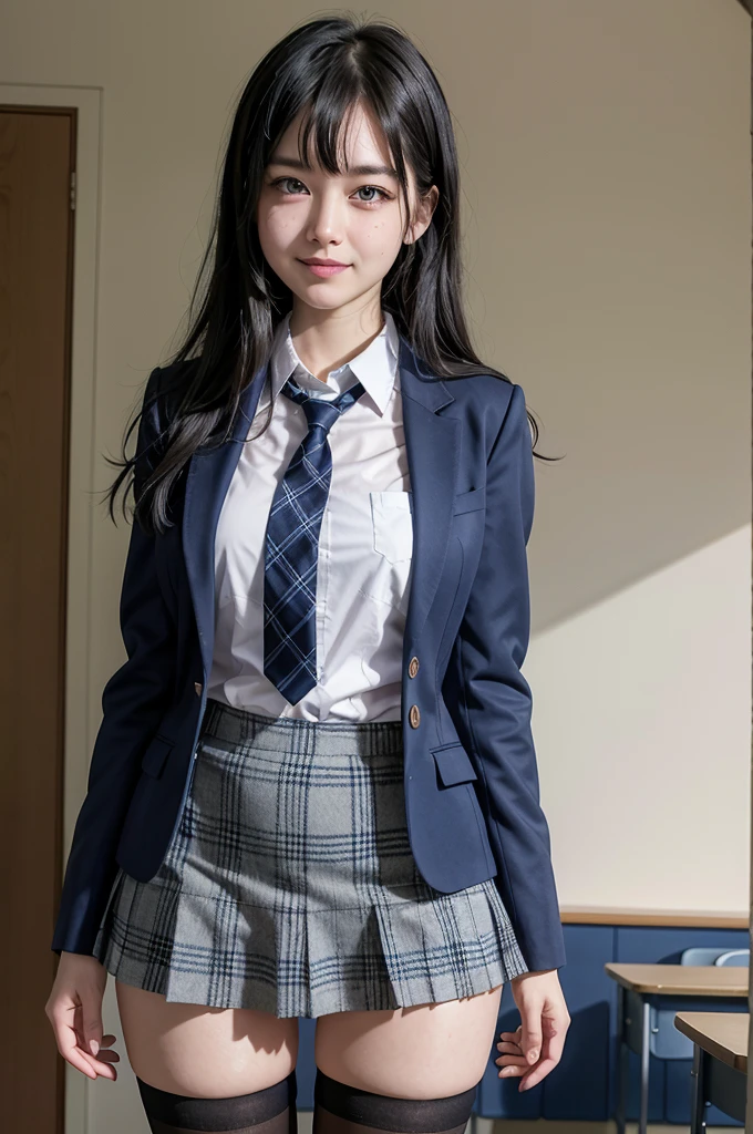 Girl standing in a school classroom,Blue tie uniform,Dark Blue Blazer,Blue plaid skirt,18-year-old,bangs,Smile a little,Thighs,knees,From below, Navy blue knee socks, Long Hair, Black Hair, Highest quality, masterpiece, High resolution, Ultra high definition, 