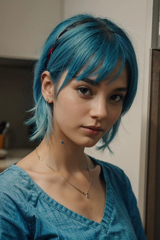 young, funky, creative style girl with light blue hair painting at a canvas