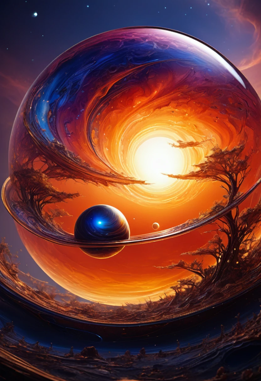 a magnificent sunset on a strange and mysterious alien glass style planete. It's very textured and detailed with dreaming lot of whirlwind and dreaming dust