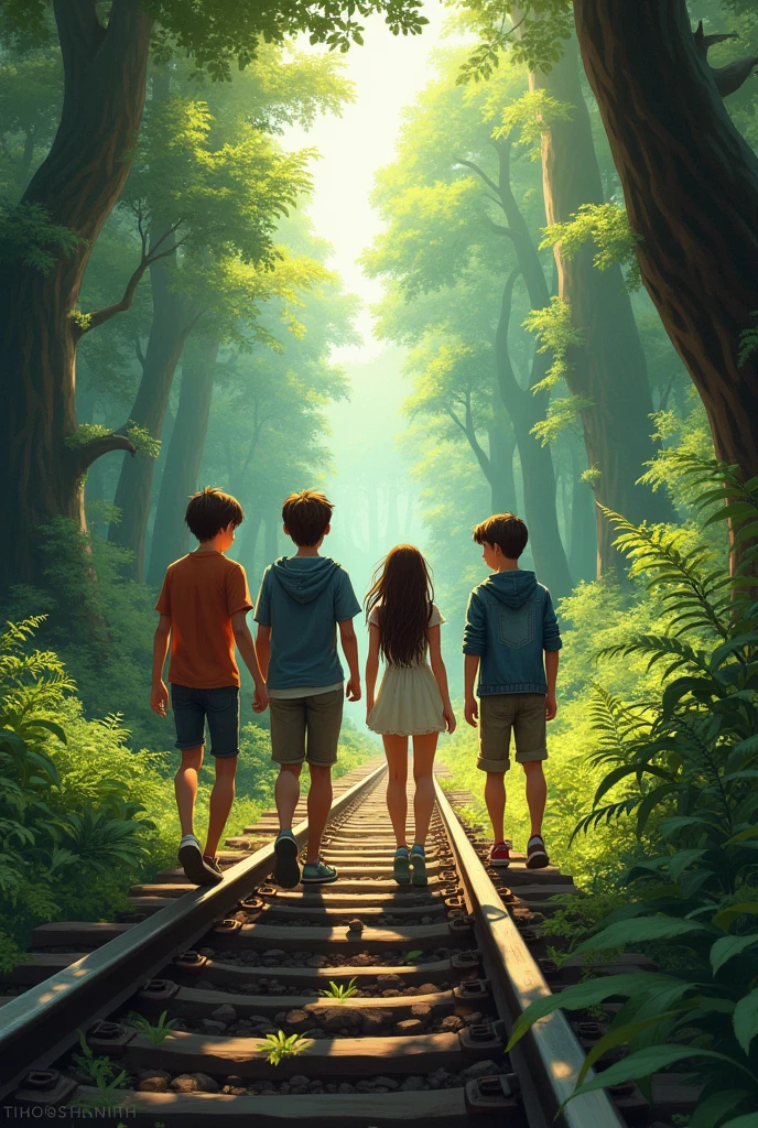 Three age boys and a teengirl walking on a train track in a forest