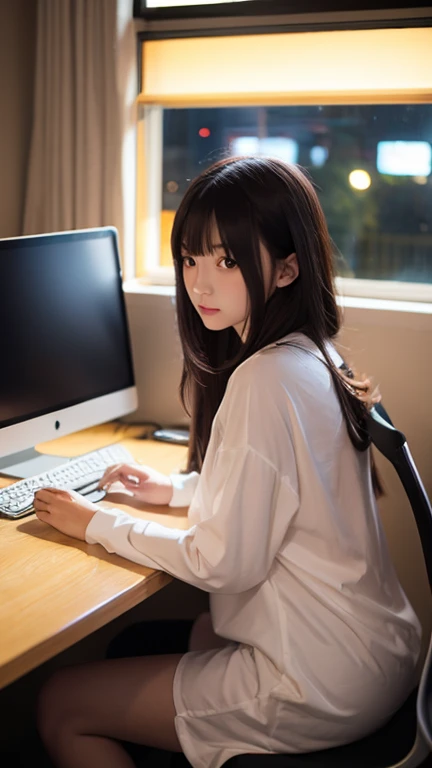 Girl operating a computer、Beautiful night view、Computer desk、Window、Sitting Girl、Sleepwear、Slender、Dark Room、A girl who looked sleepy