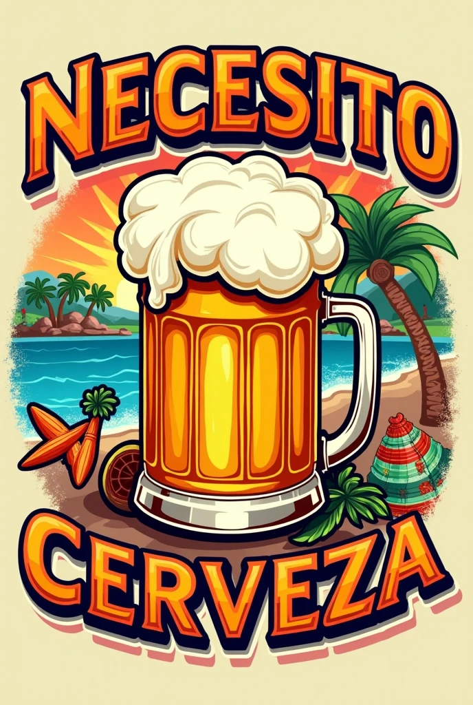 "Create a lively and eye-catching 'NECESITO CERVEZA' themed T-shirt design. The artwork should embody the spirit of a festive beer culture with a central image of a classic beer stein brimming with foam, surrounded by iconic elements such as a vibrant fiesta scene, lively maracas, a colorful piñata, and a sun-kissed beach backdrop to suggest relaxation and enjoyment. The text 'NECESITO CERVEZA' should be prominently displayed in a bold, playful font that reflects the joyous tone of the design. Use a bright and bold color scheme with accents of gold to highlight the celebratory mood. The composition should be well-suited for screen printing, with a focus on clarity and visual impact that would appeal to beer enthusiasts and party-goers alike."