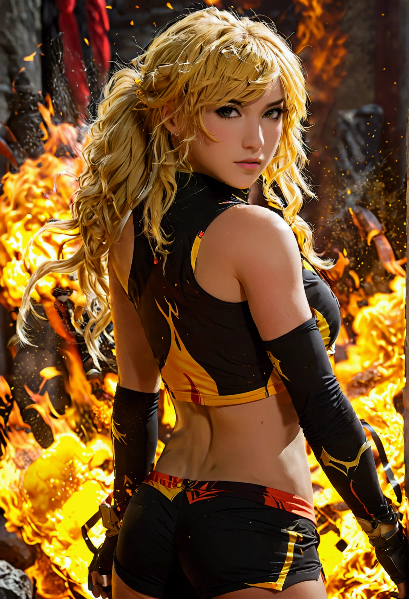 (promotional art), (Whole body), Yang Xiao Long of 'RWBY', aroused face, yellow hair, mystic fire all around, skin tight shorts, booty cheek shorts, 3/4 looking back pose, lean muscle, strong butt, ass cheek peaks out from shorts