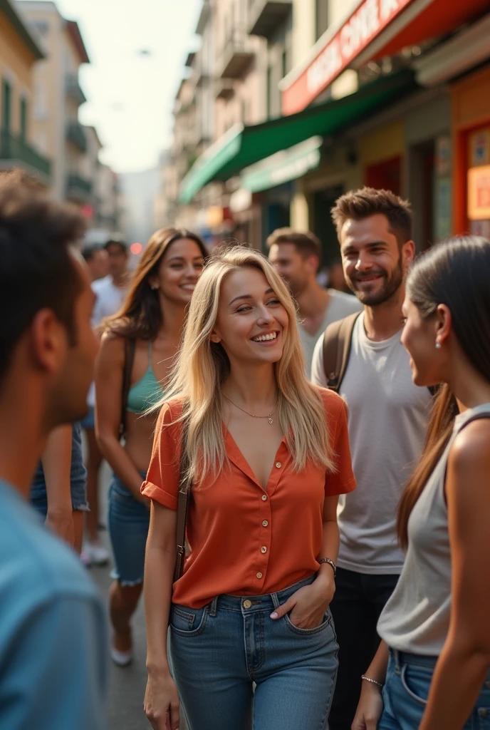 Make a blonde model, in a group of friends on the street, human without being a drawing
