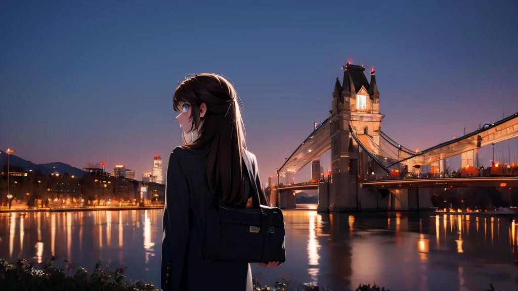 1 girl, medium light brown hair, light blue eyes, wearing black suit, night city, absurdres, high res, ultrasharp, 8K, masterpiece, looking from behind