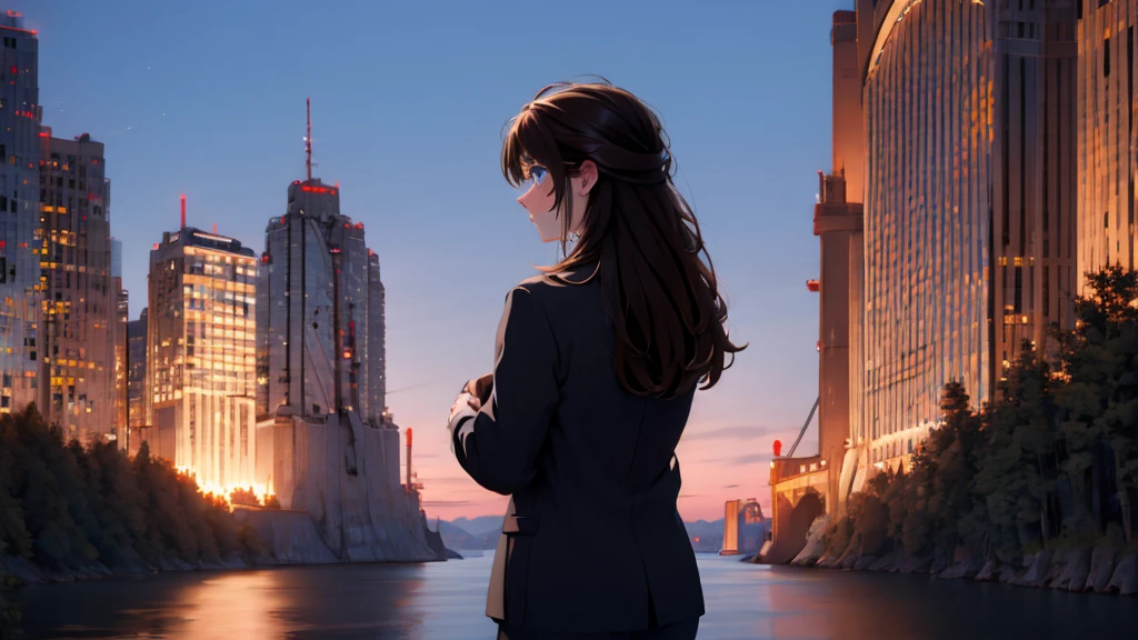 1 girl, medium light brown hair, light blue eyes, wearing black suit, night city, absurdres, high res, ultrasharp, 8K, masterpiece, looking from behind