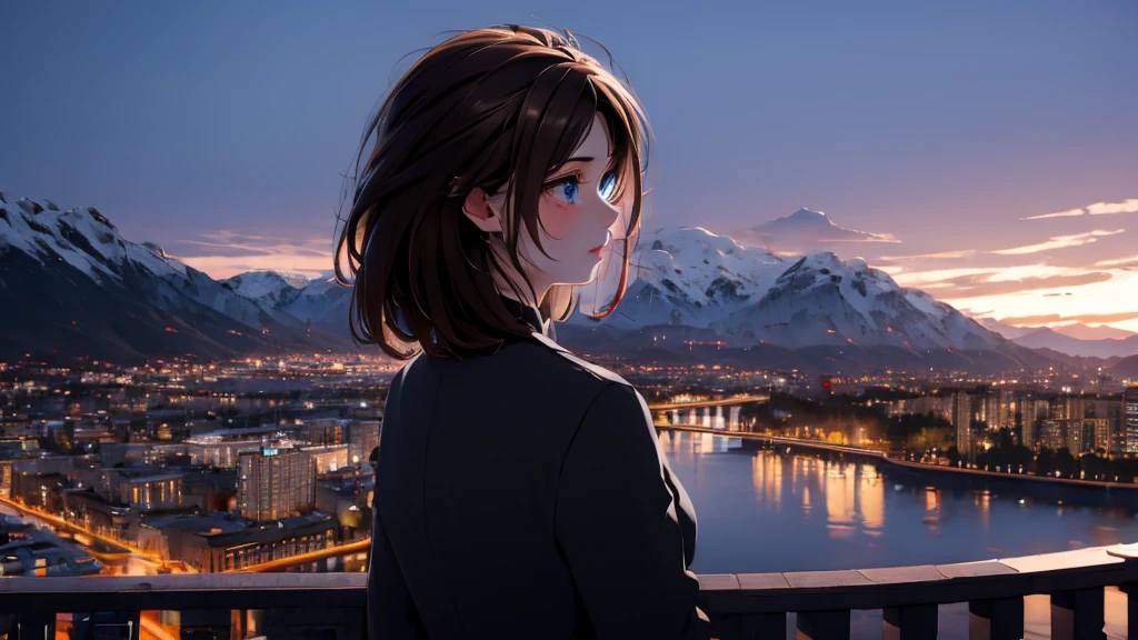 1 girl, medium light brown hair, light blue eyes, wearing black suit, night city, absurdres, high res, ultrasharp, 8K, masterpiece, looking from behind