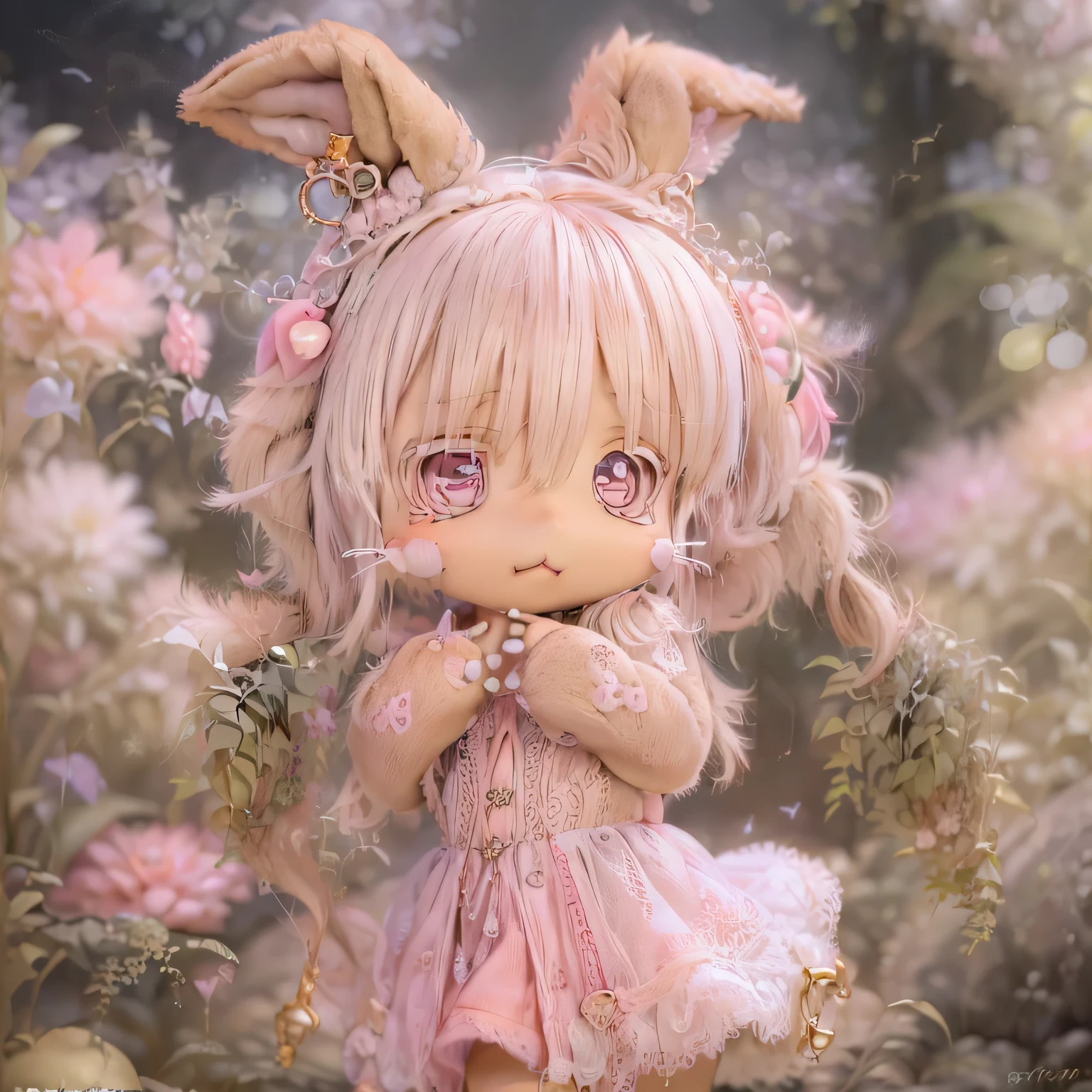 in the garden, Smiling girl, Similar to Nanachi from Made in Abyss. She is beautiful, Beautiful eyes and lips. girl (((Chibi Style,))) . Image quality is excellent, Highly detailed and realistic features. The medium of this work is、Combining illustration and photorealistic rendering.. The colors are vivid、The lighting creates a warm and bright atmosphere。 whole body(((((Cute pink dress)))))Contrasting cute poses
