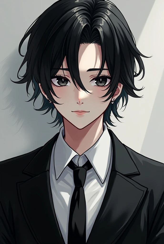A boy with slightly long black hair, ear piercings, nose, lip, White skin, black eyes, handsome, elegant suit, black tie, white shirt and black pants