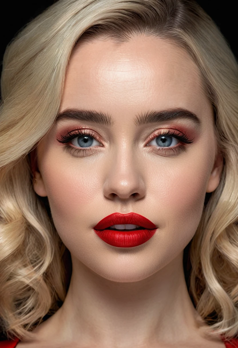 A waist-up portrait of a beautiful female whose face combines features of Samantha Rone + Emilia Clarke. The female has lovely makeup on her face. The female wears red lipstick. Symmetrical eyes. Symmetrical face. Lovely details. Photorealistic. Full-colored photo. Professional photo. Highly detailed 8K.