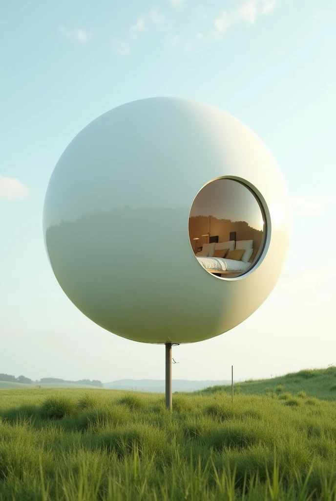 A floating white sphere, build it on the grassland, put a window on it somewhere higher、It would be nice to create a space inside where people can live.！Attach a thin rod to the bottom of the sphere.、So I tried to make it so that it was supported, and then I put the sphere in a higher position, but it&#39;s still low.！If you move the sphere higher it will no longer be a sphere.！Make it a sphere、Change the camera position so you can see inside, and add furniture like a bed so you can see more inside.