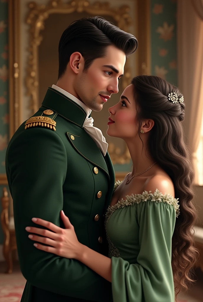 A Young husband with light blue eyes and black hair, militar man with a wife with curly dark Brown hair and a green long dress.