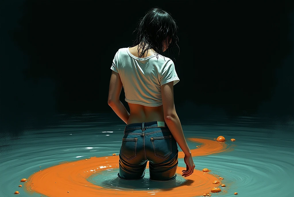conceptual art, drowning, dripping wet, drama, indulges in fetish, rubber black stockings, vintage jeans cut-offs, wet t-shirt, slave collar, stuck in slime, orange blue, black, void, sensually touches her crotch, back view