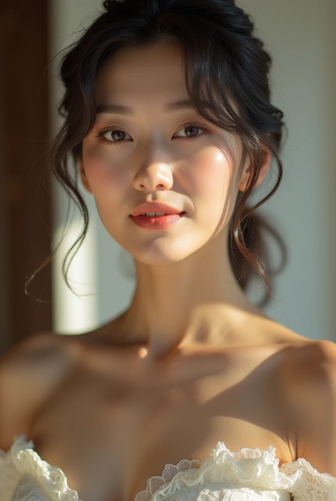 An elegantly dressed Japanese woman in natural light、A close-up of her chest and calm expression.、It shows her inner peace and outer charm.。
