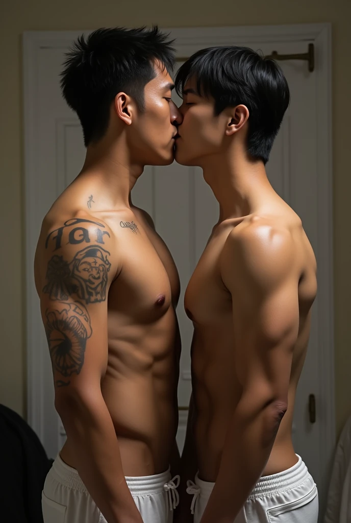 Handsome Asian men model, muscle, sweat, bedroom, sexy, Korean, Japanese, Chinese, bulge , sweating, hot, realistic, tattoos, dark hair, hairy chest, perfect Asian men face,white underpants, naked, shirtless, muscular, perfect muscular, top model, handsome face,tattoos, 2 men kissing
