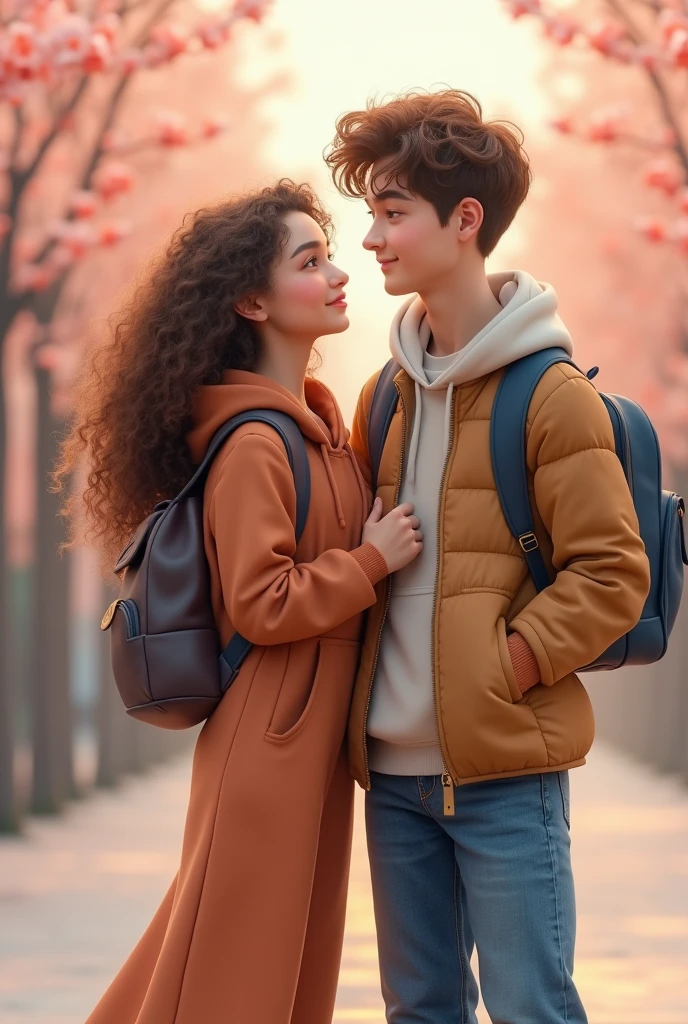 1242x2688 pixels，C4D Model，Modern youth couple，A brown girl with long curly hair wearing a casual long skirt suit and a small backpack，Boys short brown hair，Wearing a casual jacket，Pair with blue jeans，front view，The girl&#39;s left hand gently rests on the boy&#39;s chest，Intimacy，The two of them are full of hope for the future，Spring blooming season，Both of them have cold white skin，highly，happy up view ，Cold light，Ultra HD 8k，webp