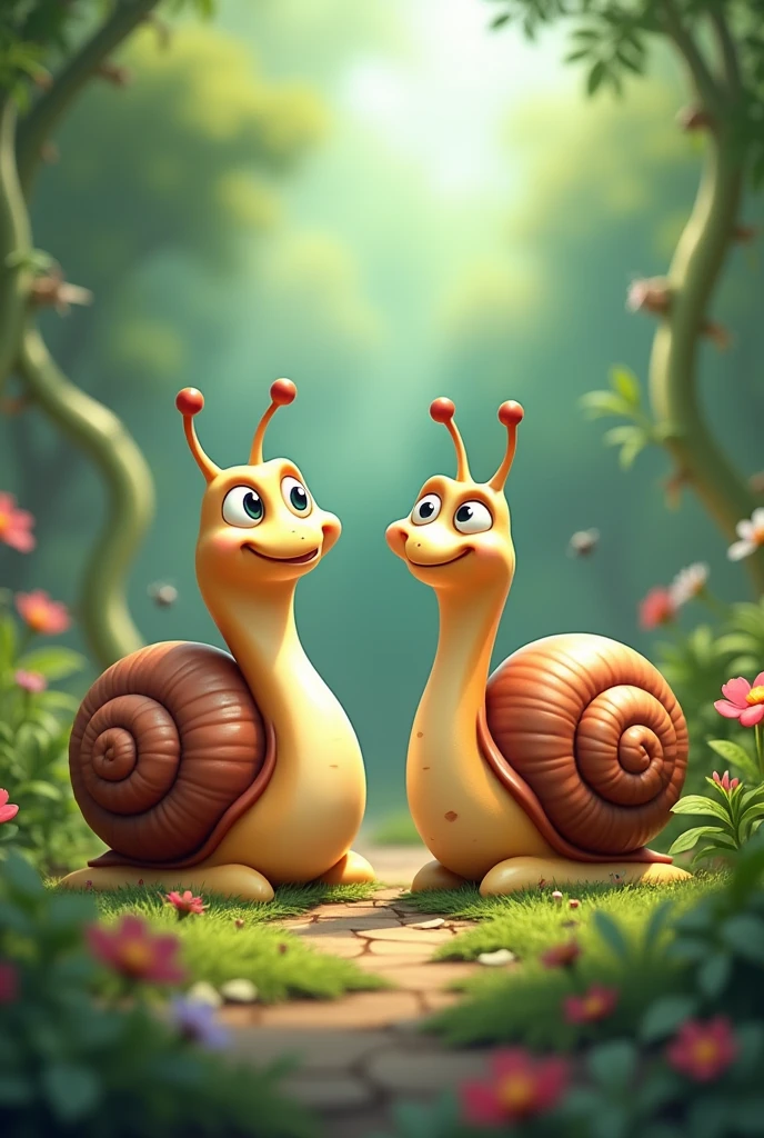 Cartoon of two snails. Remove one of their shells. Zoom out to see the surroundings. Zoom out again.