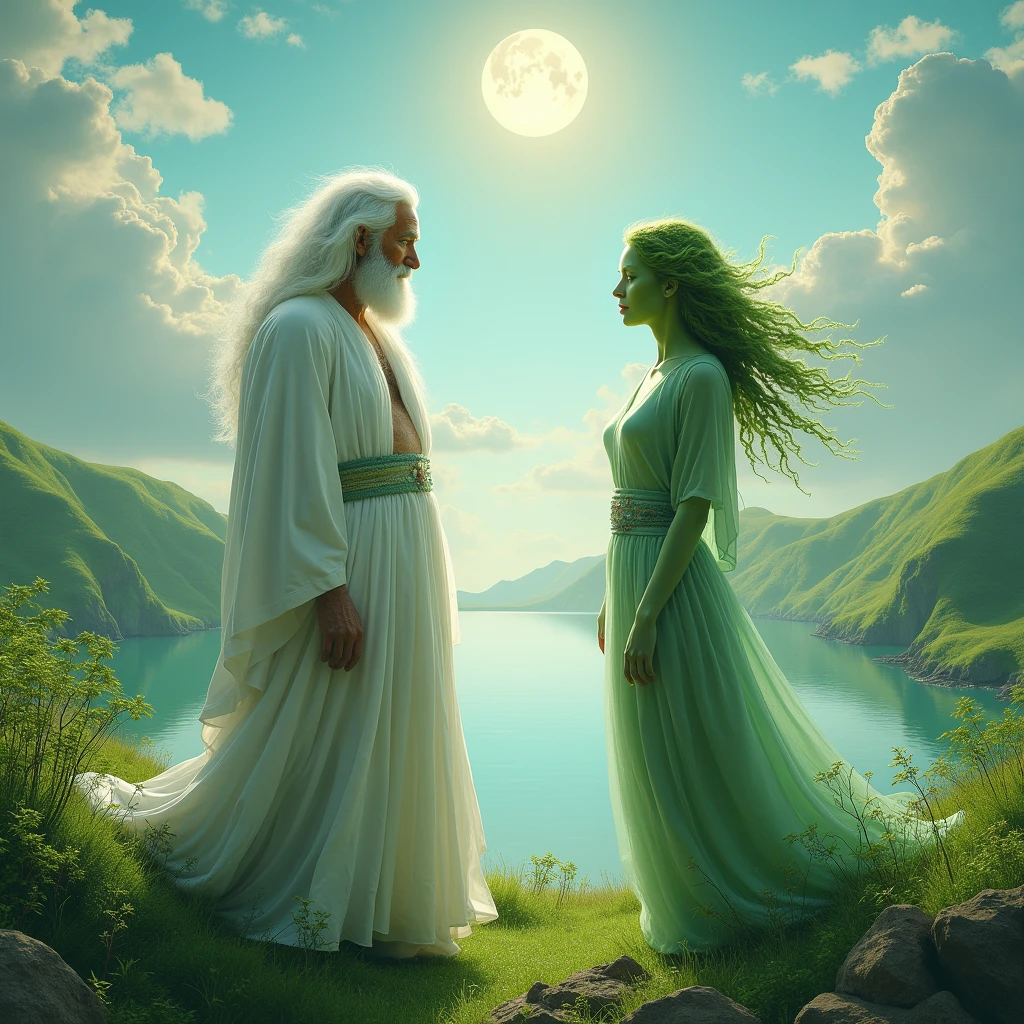white bearded man with white furry white tunic and green grass woman green grass skin green body front view , blue sea background sea water, the moon above the image and the sun below the image