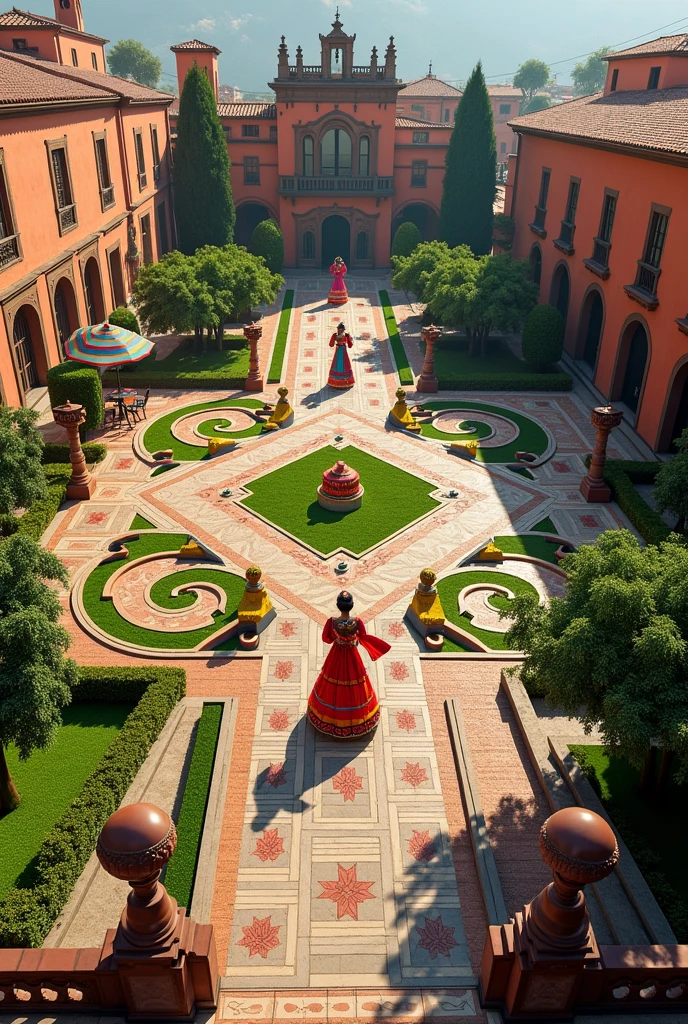 I would like you to generate an image of a rectangular square in plan, This small square has a design focused on the Bolivian folkloric dance of the diablada, The design of the spaces and green areas resembles a devil's mask