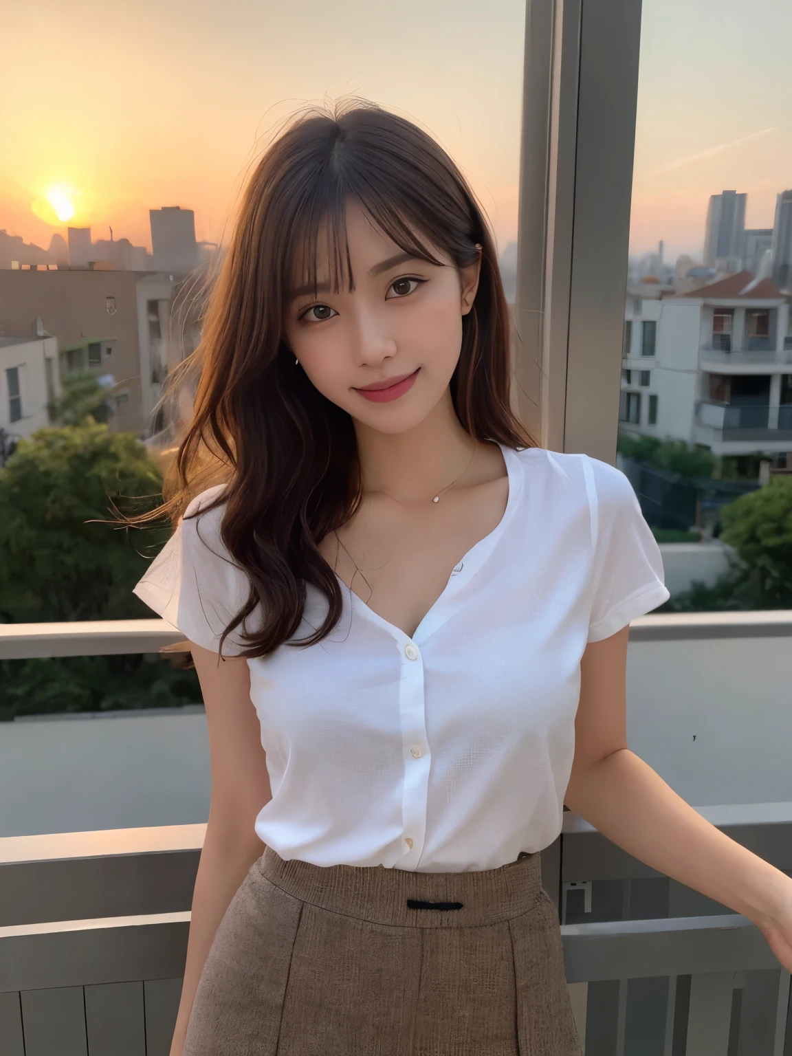 Photorealistic, Live action, Look here and smile, background inside the sunset city, Colorful short-sleeved summer clothes with skirt, masterpiece, Best Quality, Ultra-detailed, finely detail, high resolution, 8K Wallpaper, Perfect dynamic composition, Beautiful detailed eyes, Sexy face,  long curly brown hair, Normal chest, Photo from the knee up, (Random body orientation),