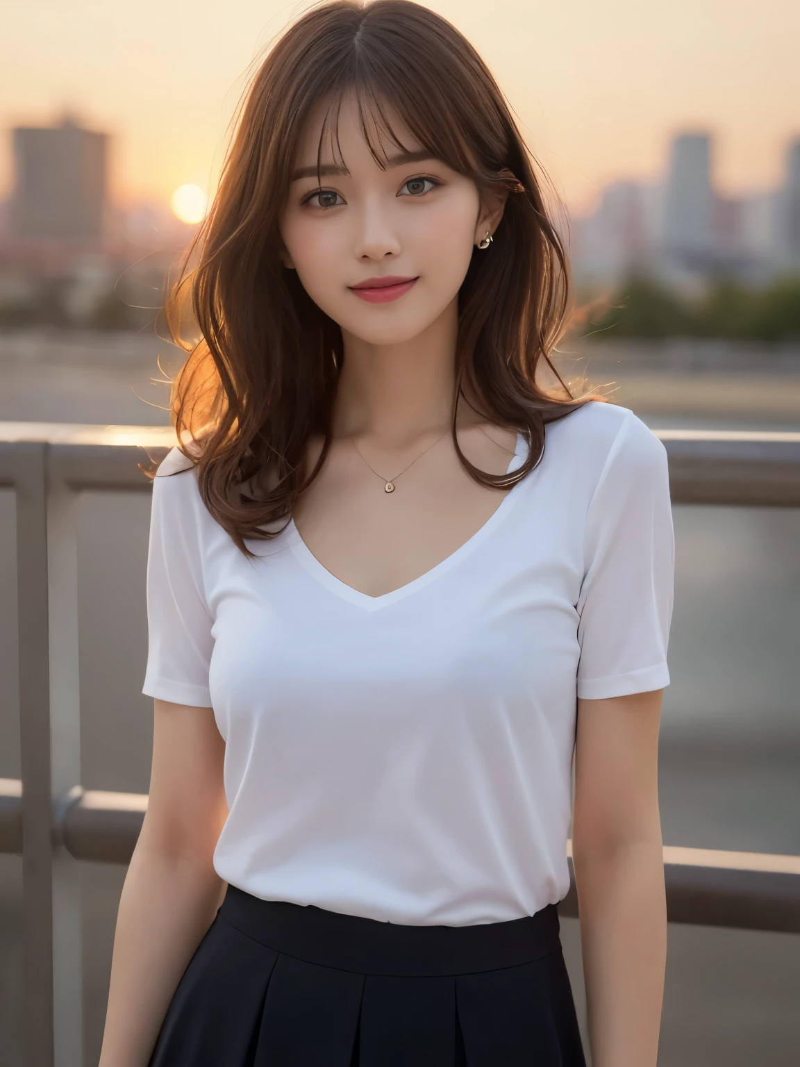 Photorealistic, Live action, Look here and smile, background inside the sunset city, Colorful short-sleeved summer clothes with skirt, masterpiece, Best Quality, Ultra-detailed, finely detail, high resolution, 8K Wallpaper, Perfect dynamic composition, Beautiful detailed eyes, Sexy face,  long curly brown hair, Normal chest, Photo from the knee up, (Random body orientation),