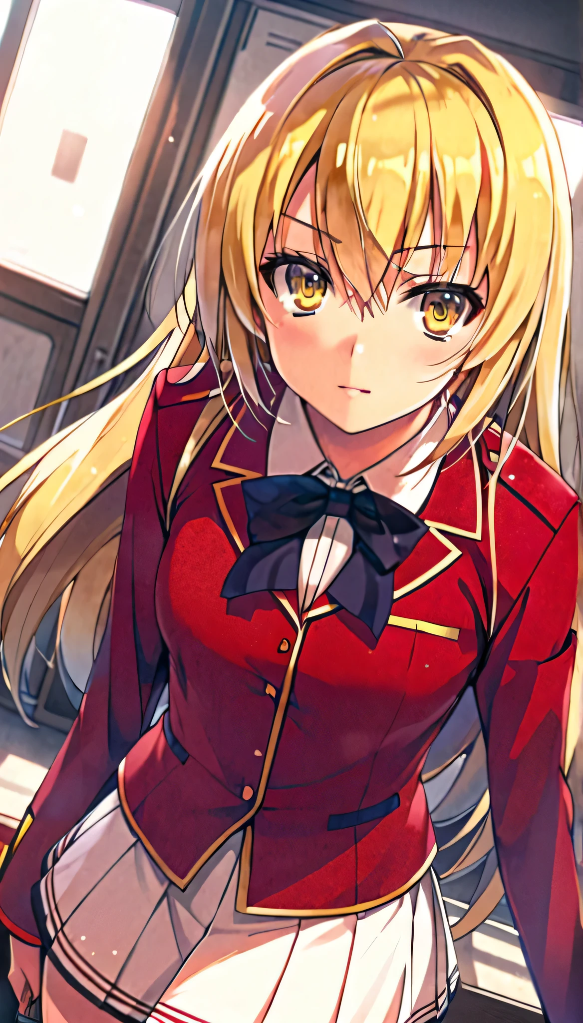 Beautiful and blond, yellow eyes, anhs red uniform 