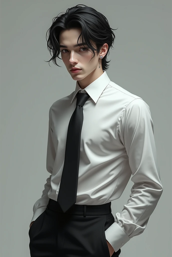 A boy with slightly long black hair, ear piercings, nose, lip, White skin, manipulative black eyes, handsome, elegant suit, black tie, white shirt and black pants