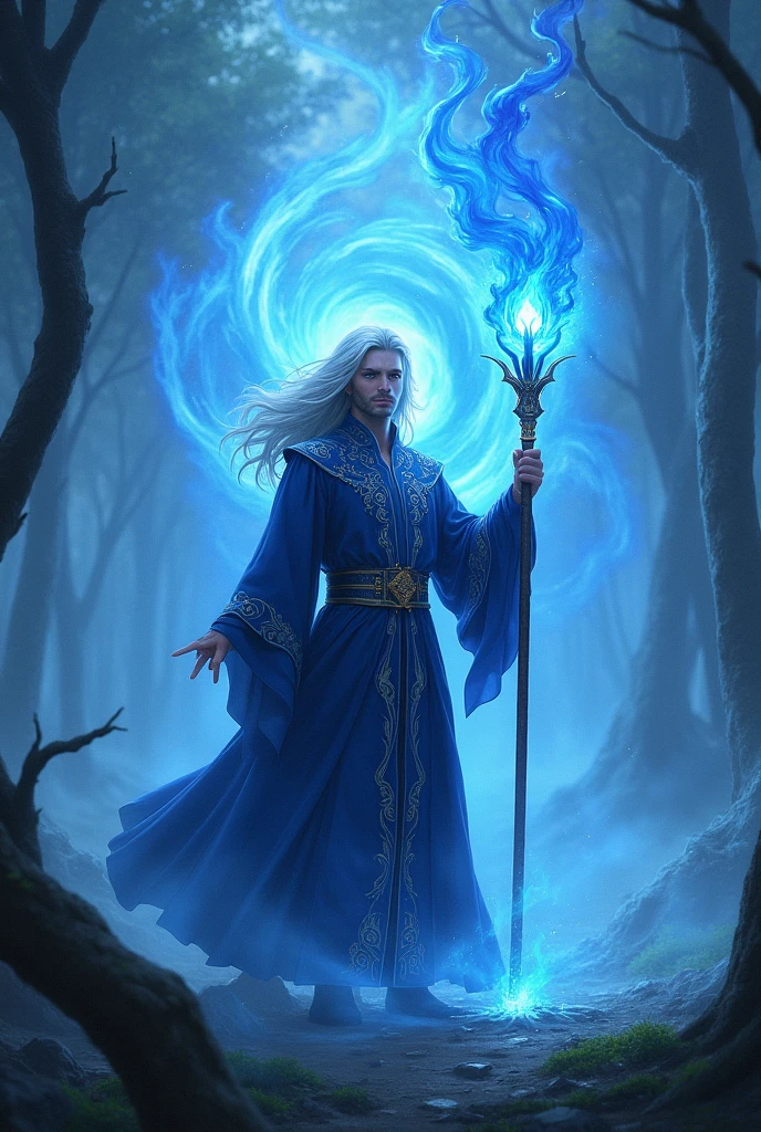 Mirage, a young male magician with long flowing silver hair, stands in a mystical forest shrouded in swirling mist. He wears deep blue robes intricately embroidered with silver, and his pale blue eyes glow with powerful magical energy. Holding an ancient staff topped with a crystal, he is about to unleash his "Blue Cataclysm". The scene is highlighted by a huge whirlwind of blue flames and energy engulfing a giant foe. The forest background is filled with thick mist and a magical, otherworldly aura, and blue light illuminates the entire scene. He has no beard.