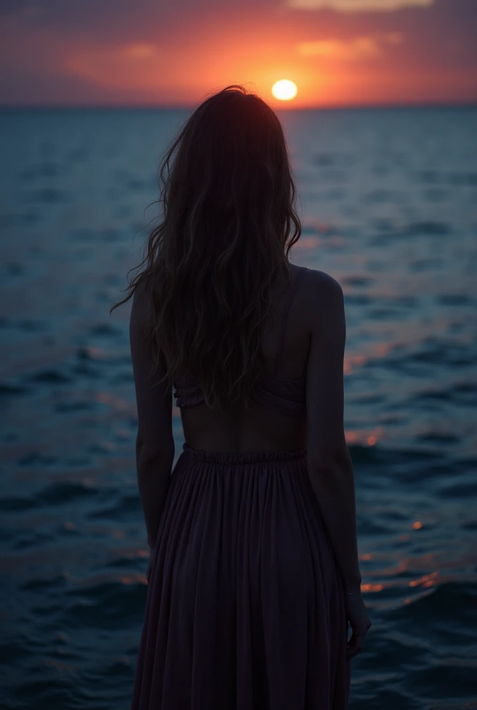 Girl by the sea,night,Contrast between warm and cold light