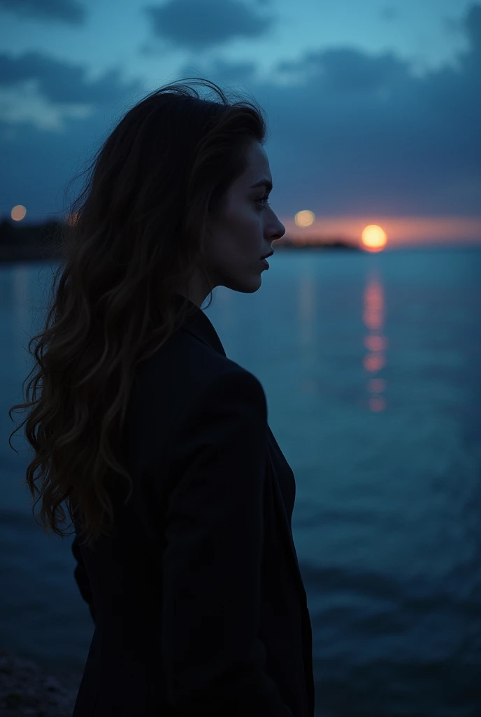 Girl by the sea，night，Contrast between warm and cold light