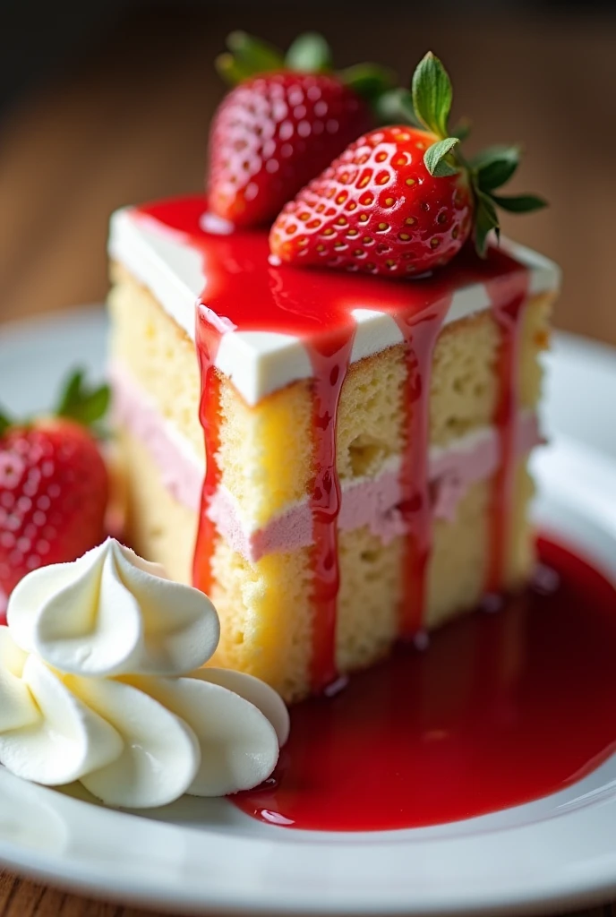 A slice of cake, with strawberry syrup, plus whip cream, on the plate, dan decoration