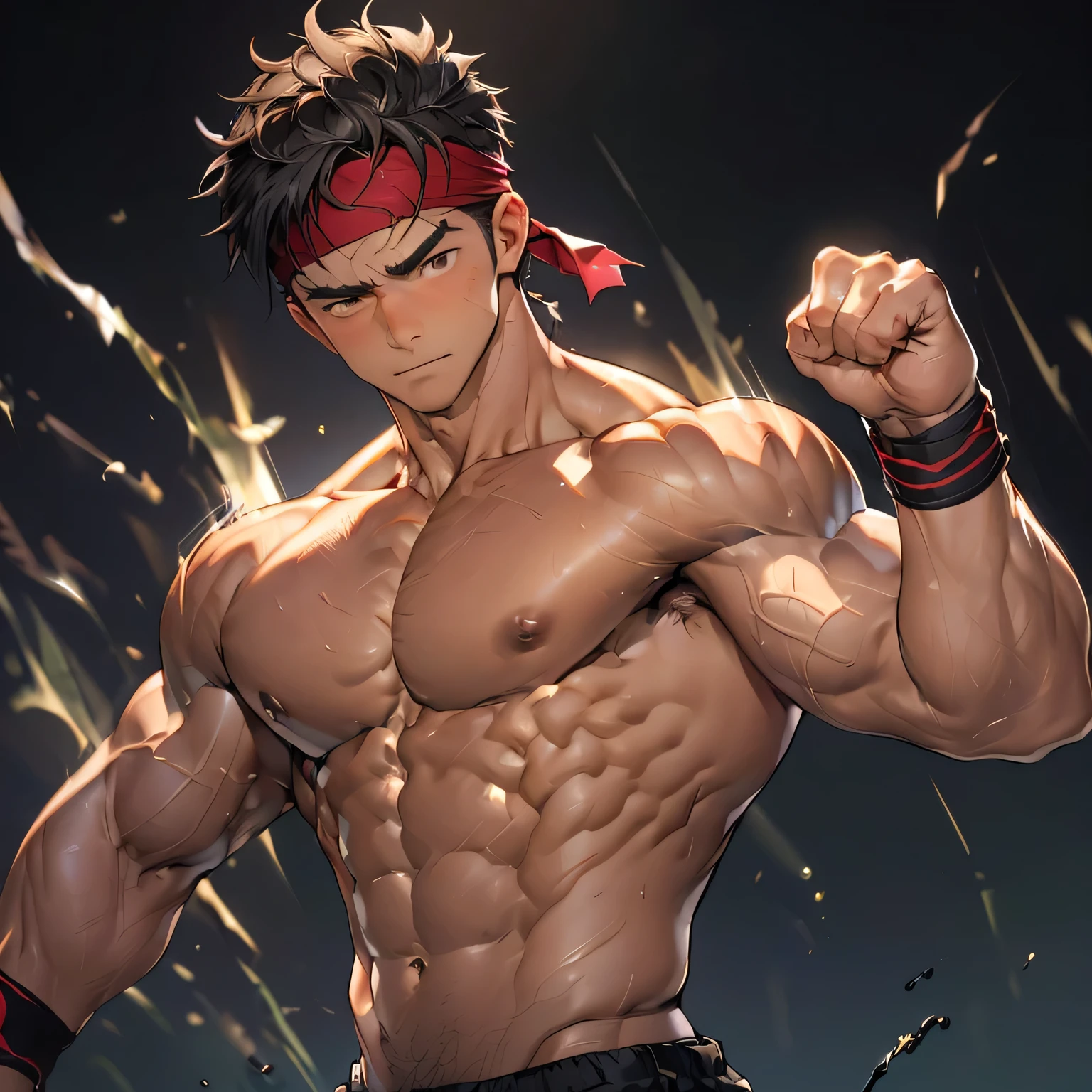((masterpiece, best quality)), (((((Black Background, Dark night, (Depth of field:1.2), upper body))))), (19 year old boy, Young guy, muscler, Shirtless, topless), ((((1boy, solo, tough, reliable)))), (Dark Short straight hair, ((almost completely shaved hair)), under cut, Glossy skin), (((red headband, black wristband))), Vivid colors, ((big breast, big shoulder, muscular body, sturdy body, defined round and fleshy pecs, defined round and fleshy ABS, defined round and fleshy armsmuscular, well-defined muscles, developed body, toned body, shouldermuscler)), muscler!, muscler body, detailed face, detailed muscle, (((rippling muscles, athretic body, holding vapor ball:1.2, random fighting pose)))