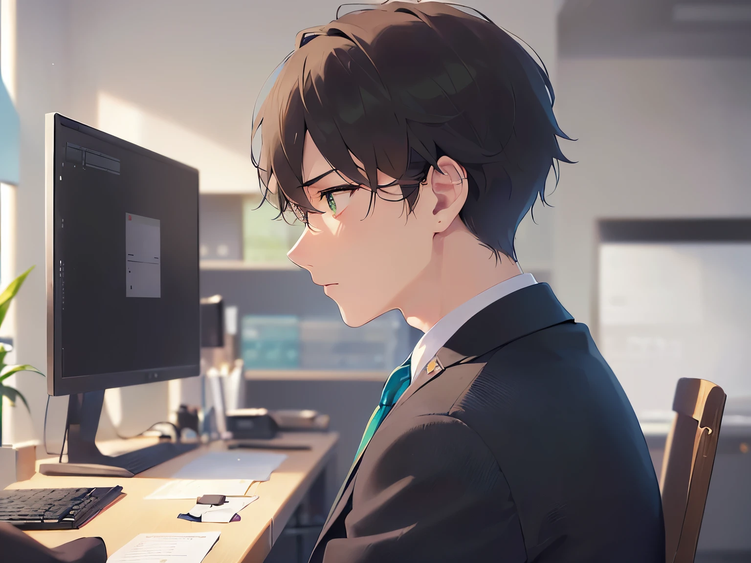 side angle, (looking away:1.5), Close-up of your face、shiny skin, masterpiece、Highest quality、(25-year-old male:1.5) and (Brown short hair) and (green eyes), BREAK (suit:1.5) and (Blue tie） BREAK 、Sitting、uneasy、Background is an office room、(Alone:1.5)、Upper body is shown、computer、working