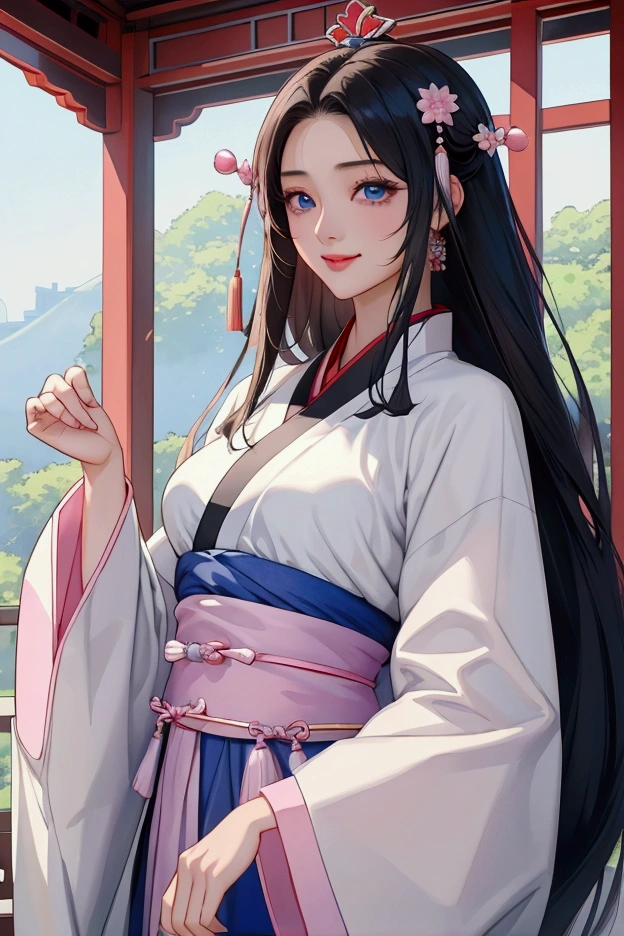 (Highest quality、 8k 、masterpiece、High resolution)、(Chinese Drama、Changgexing、Li Changge、Dililaba)、Tang Dynasty、Changan、1 Female、Beautiful young person、blue eyes、Pretty lips、(Anime Beauty)、(Anime Art)、Smiling and posing happily、Bright atmosphere、Light colored long hair、Light pink Hanfu、古いChanganの街並み、Official Art、Detailed CG、