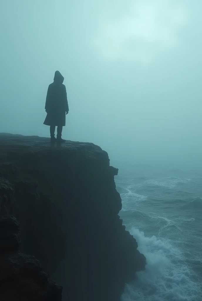 realistic, personality: [Depict a mysterious figure standing on a cliff overlooking the ocean, shrouded in fog. Their silhouette is barely visible, but their posture is tense, as if they are sensing the ghostly presence of the MV Liu Bof Orlova. The atmosphere is thick with suspense and mystery, with waves crashing below] unreal engine, hyper real --q 2 --v 5.2 --ar 
