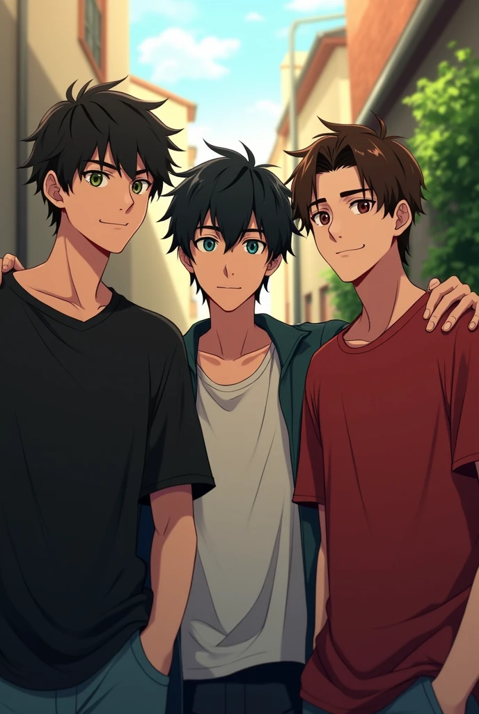 (absurdres, highres, ultra detailed), masterpiece, best quality, 3 man, handsome, black hair, brown hair, casual clothes, background is back alley, best light and shadow, trio friends, 1 black hair man ((sleek hair)), 1 brown hair man ((undercut hair)), 1 black hair man ((stylish hair)), tall handsome man, hogwarts vibe, 3 friends, trio friends pose, charming men, (absurdres, highres, ultra detailed, HDR), masterpiece, best quality, anime, Anime cool ((Tall boy)) green eyes, 3rd boy black hair ((Tall boy)) ((black hair)) , 3 boys, smile, sunshine, garden, handsome, short hair, looking at viewer, detailed face, ( black shirt ),(red shirt) cool boys, cold male, 8K, Best Quality, Masterpiece, Ultra High Resolution, (Realism: 1.4), Original Photo, (Realistic Skin Texture: 1.3), (Film Grain: 1.3), (Selfie Angle), best friend,Friendship, Trio friends, tall boys, black hair, brown hair, black hair, Ghibli style