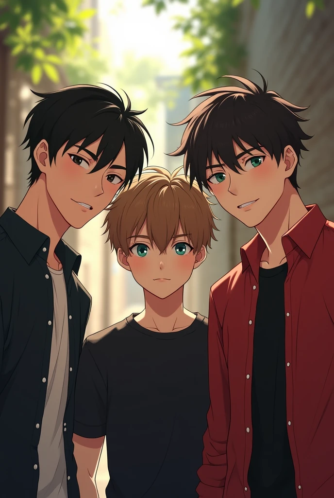 (absurdres, highres, ultra detailed), masterpiece, best quality, 3 man, handsome, black hair, brown hair, casual clothes, background is back alley, best light and shadow, trio friends, 1 black hair man ((sleek hair)), 1 brown hair man ((undercut hair)), 1 black hair man ((stylish hair)), tall handsome man, hogwarts vibe, 3 friends, trio friends pose, charming men, (absurdres, highres, ultra detailed, HDR), masterpiece, best quality, anime, Anime cool ((Tall boy)) green eyes, 3rd boy black hair ((Tall boy)) ((black hair)) , 3 boys, smile, sunshine, garden, handsome, short hair, looking at viewer, detailed face, ( black shirt ),(red shirt) cool boys, cold male, 8K, Best Quality, Masterpiece, Ultra High Resolution, (Realism: 1.4), Original Photo, (Realistic Skin Texture: 1.3), (Film Grain: 1.3), (Selfie Angle), best friend,Friendship, Trio friends, tall boys, black hair, brown hair, black hair, Ghibli style 