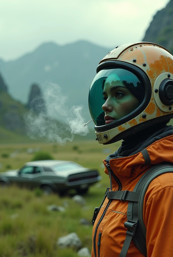 Award-winning close-up photograph of a woman (Sci-Fi Explorer:1.3) wearing a helmet with a hexagonal glass visor, [Style-Psycho::10], next to (Crashed Car:1.2), (smoking:1.4), looking at a green alien planet, (mountains:1.2) (tall grass:1.2), rocks, very detailed, fine detail, (complex:1.3), (lens flare:0.6), (backlight:0.8), (bloom:0.8), shallow depth of field