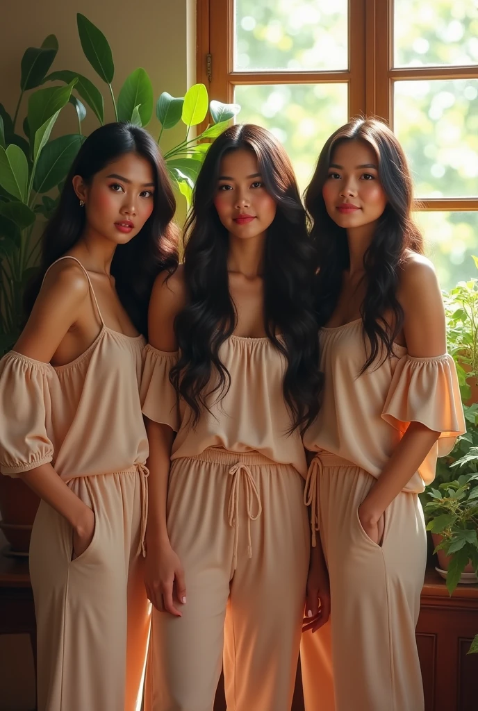 (photorealism:1.2), five beautiful Indonesian women naked, aged around 45 years old, beautiful body, big boobs, wearing loose off-shoulder top, pajama pants, long hair, Facing front, indoors, soft lighting, plants in background, window with sunlight, cozy room, relaxed pose, realistic, intricate details, warm colors, by Greg Rutkowski, by Alphonse Mucha