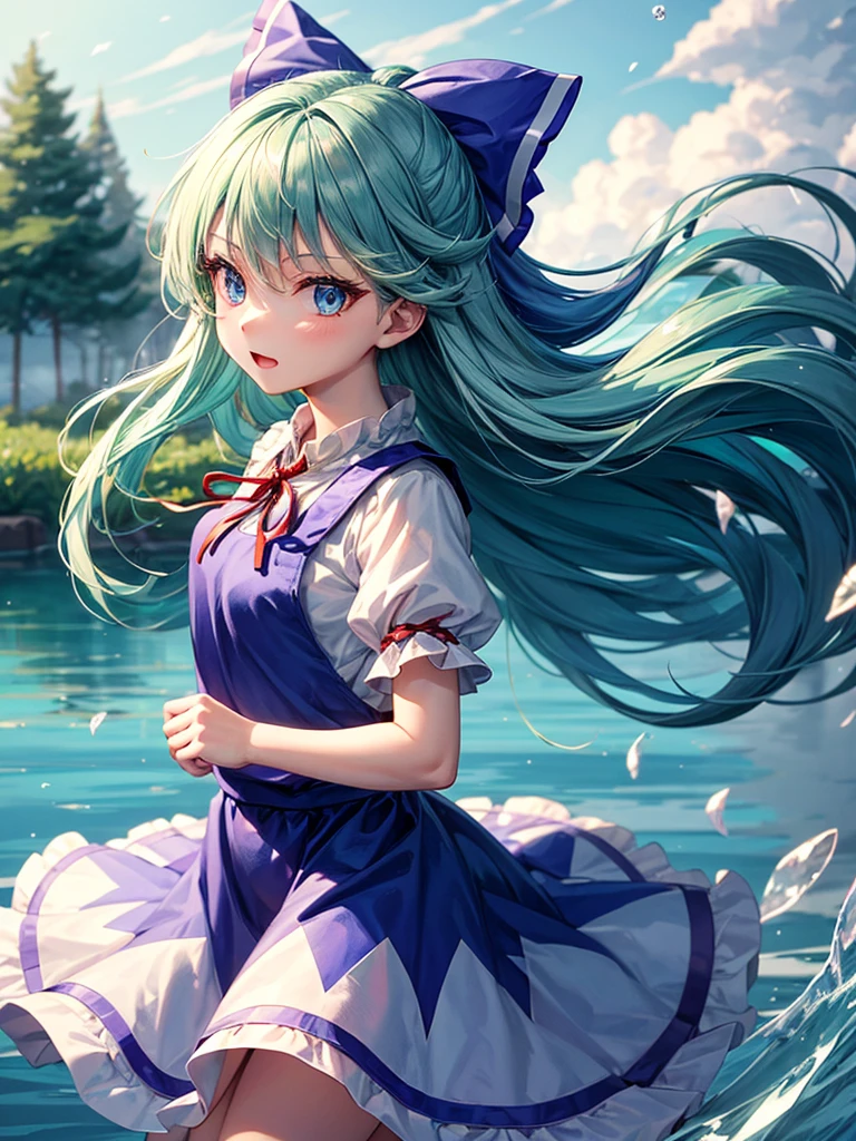 1girl, ((Alluring)),((Wear cold air)),cirno (Touhou), ((long hair)), blue hair, ice wings, ((Hair blowing in the wind)),fairy wings, Blue eyes, bangs, white shirt, collared shirt, puffy short sleeves, blue dress, pinafore dress, red ribbon, neck ribbon, blue bow, green bow, hair bow, bow,((misty lake)),((Gensokyo))