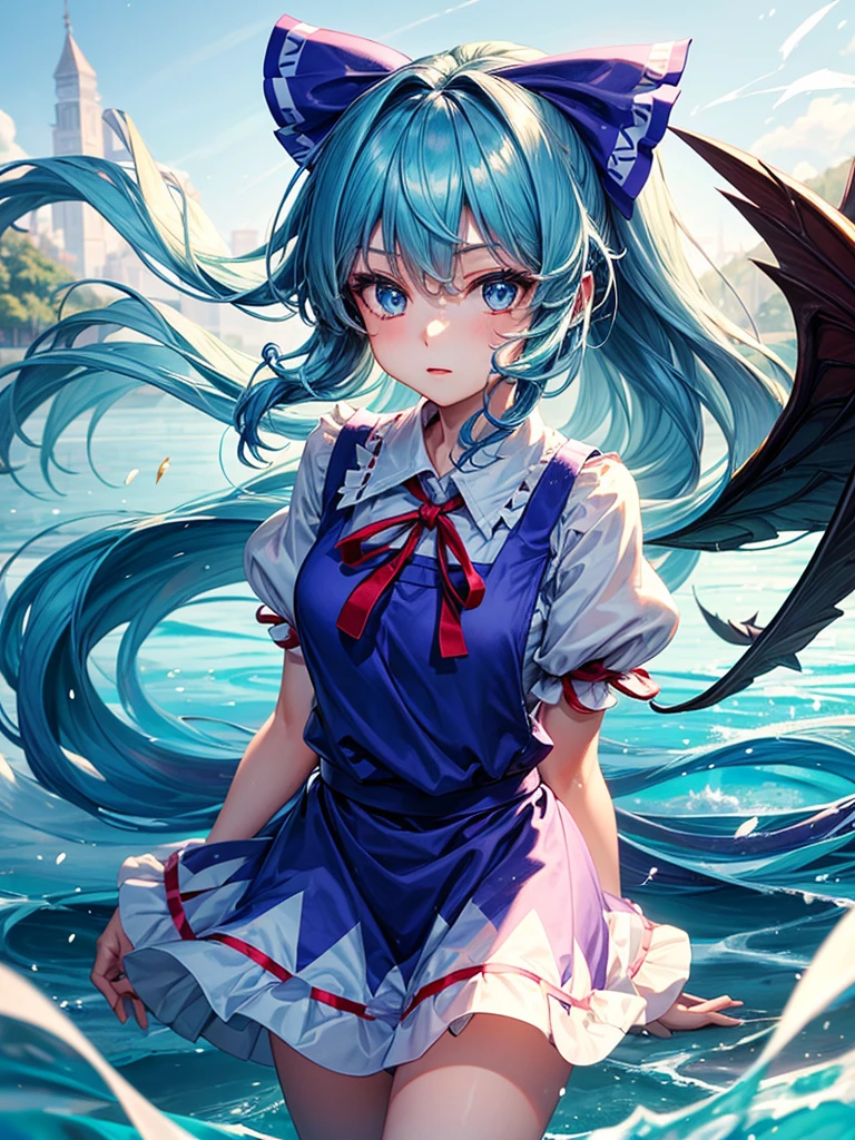 1girl, ((Alluring)),((Wear cold air)),cirno (Touhou), ((long hair)), blue hair, ice wings, ((Hair blowing in the wind)),fairy wings, Blue eyes, bangs, white shirt, collared shirt, puffy short sleeves, blue dress, pinafore dress, red ribbon, neck ribbon, blue bow, green bow, hair bow, bow,((misty lake)),((Gensokyo))
