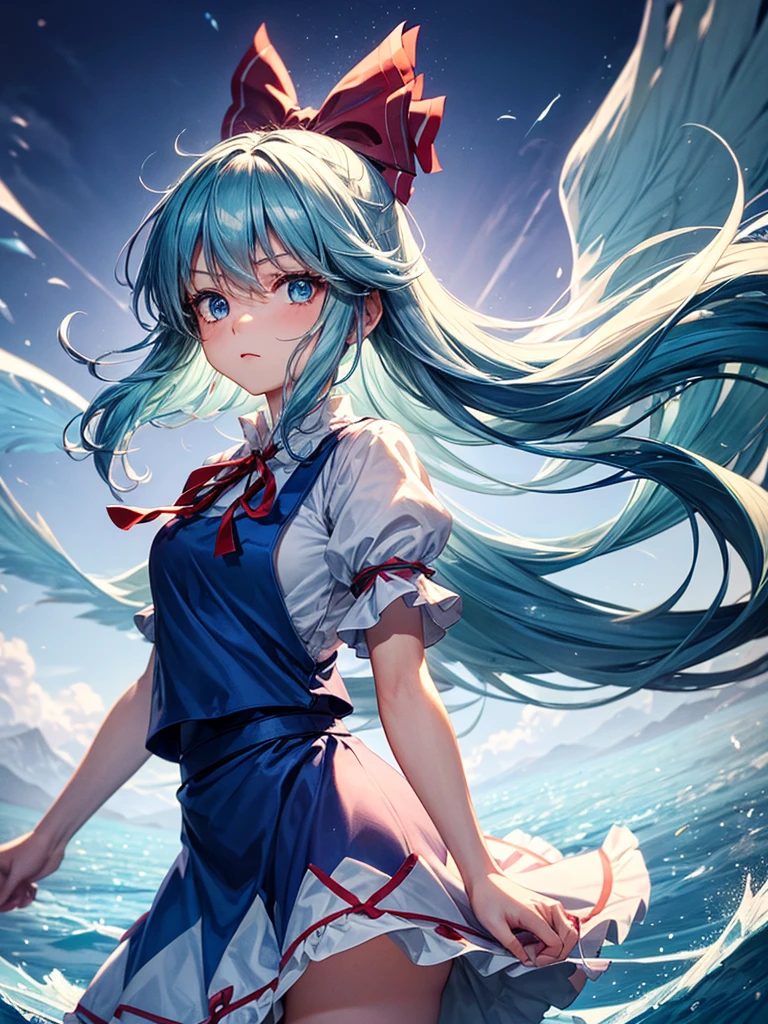1girl, ((Alluring)),((Wear cold air)),cirno (Touhou), ((long hair)), blue hair, ice wings, ((Hair blowing in the wind)),fairy wings, Blue eyes, bangs, white shirt, collared shirt, puffy short sleeves, blue dress, pinafore dress, red ribbon, neck ribbon, blue bow, green bow, hair bow, bow,((misty lake)),((Gensokyo))