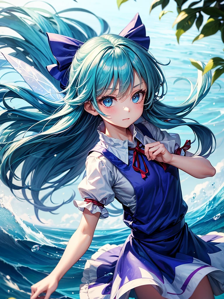 1girl, ((Alluring)),((Wear cold air)),cirno (Touhou), ((long hair)), blue hair, ice wings, ((Hair blowing in the wind)),fairy wings, Blue eyes, bangs, white shirt, collared shirt, puffy short sleeves, blue dress, pinafore dress, red ribbon, neck ribbon, blue bow, green bow, hair bow, bow,((misty lake)),((Gensokyo))